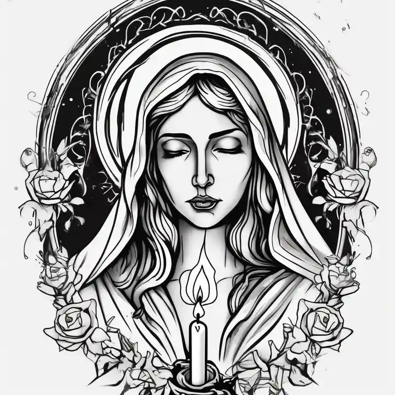 watercolor style Fishing Tattoo Ideas in 2025 about virgin maria holds 1 candle in her hand and tattoo should be full color fishing tattoos